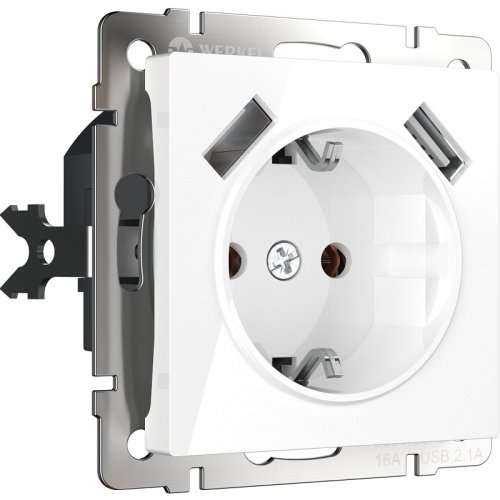 Розетка с заземлением +2хUSB тип A+A без рамки Werkel 1-м. шторки белый глянцевый картинка